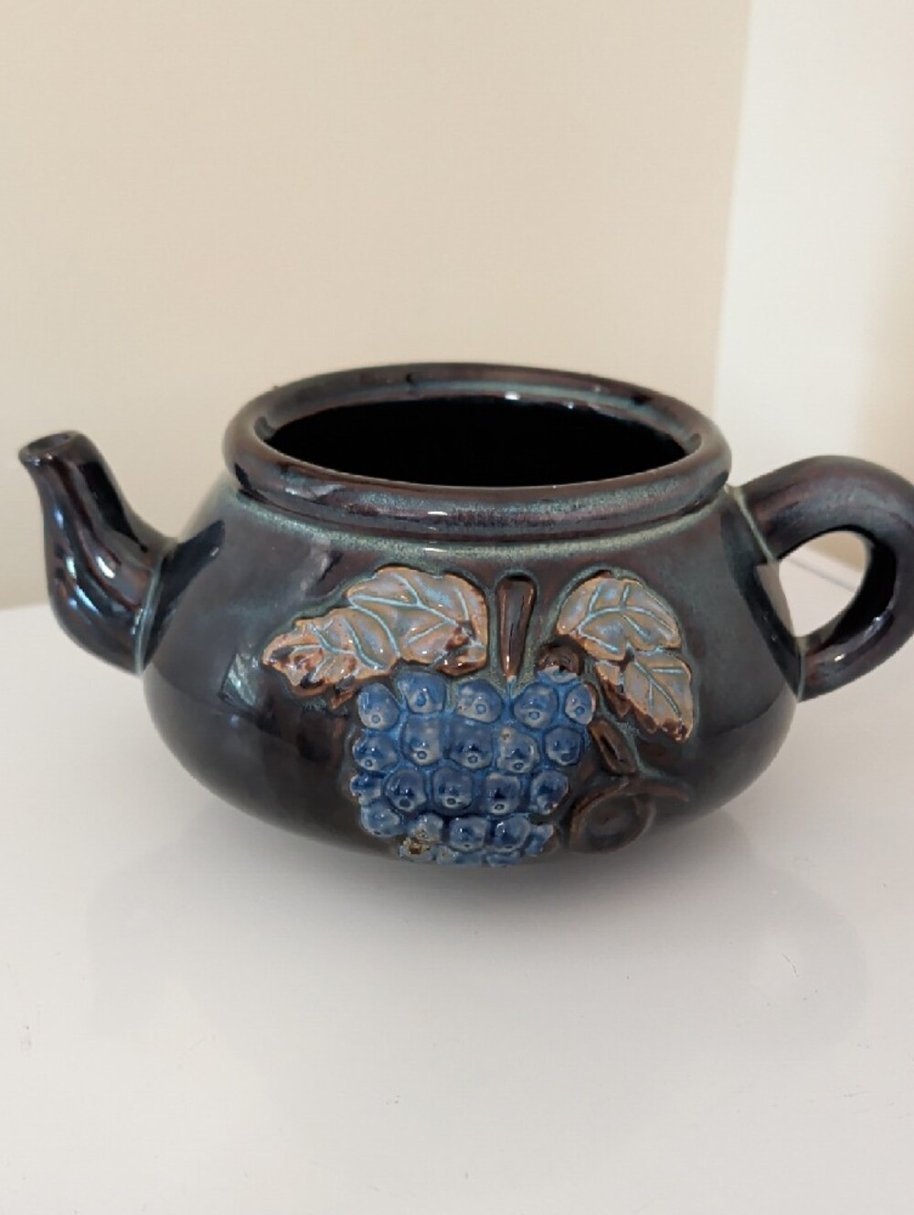 Dark Blue Ceramic Grape Motif Teapot Planter